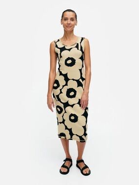 MARIMEKKO Simpukka Unikko Rib Floral Cotton Tank Dress in Beige Black NWT
